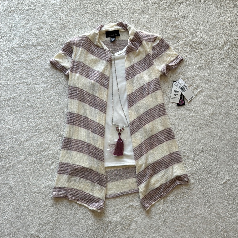 Striped Short Sleeve Cardigan with Necklace